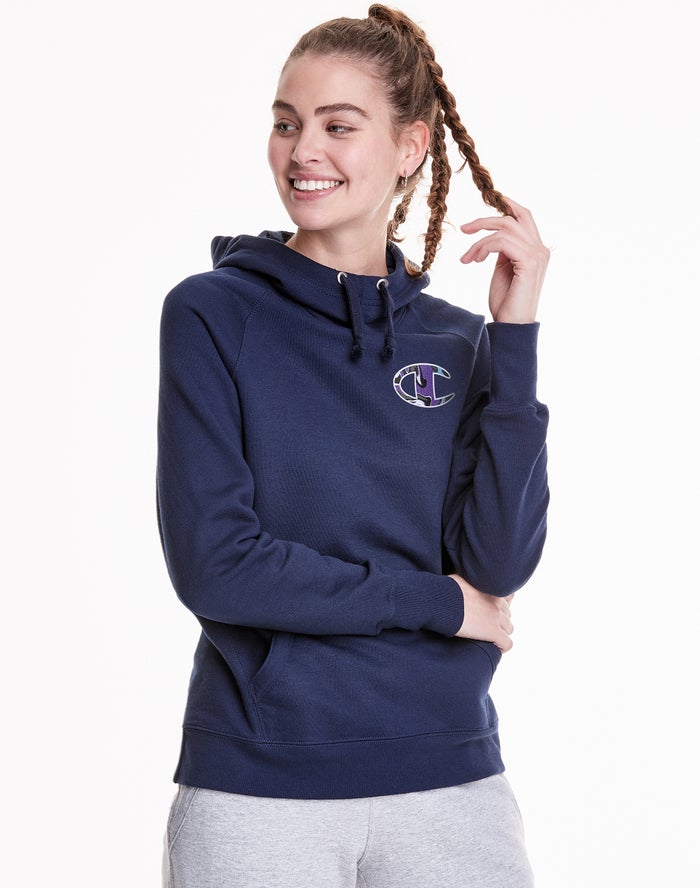 Champion Powerblend Fleece Liquid Filled C And Script Logo Kadın Kapşonlu Sweatshirt Lacivert ( KBOL